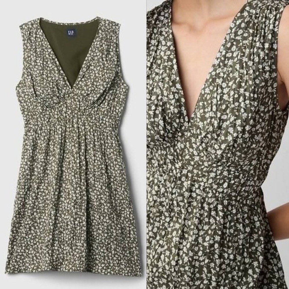 GAP Women's Floral Print V Neck Sleeveless Dress Size Small S Olive Green